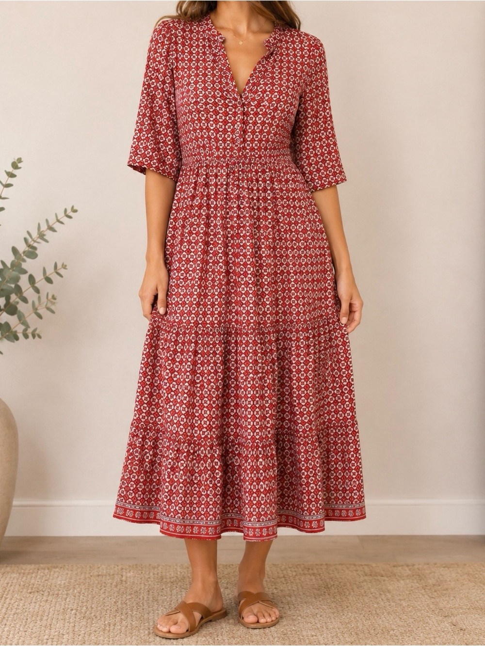 Max Studio Red Printed Midi Dress
